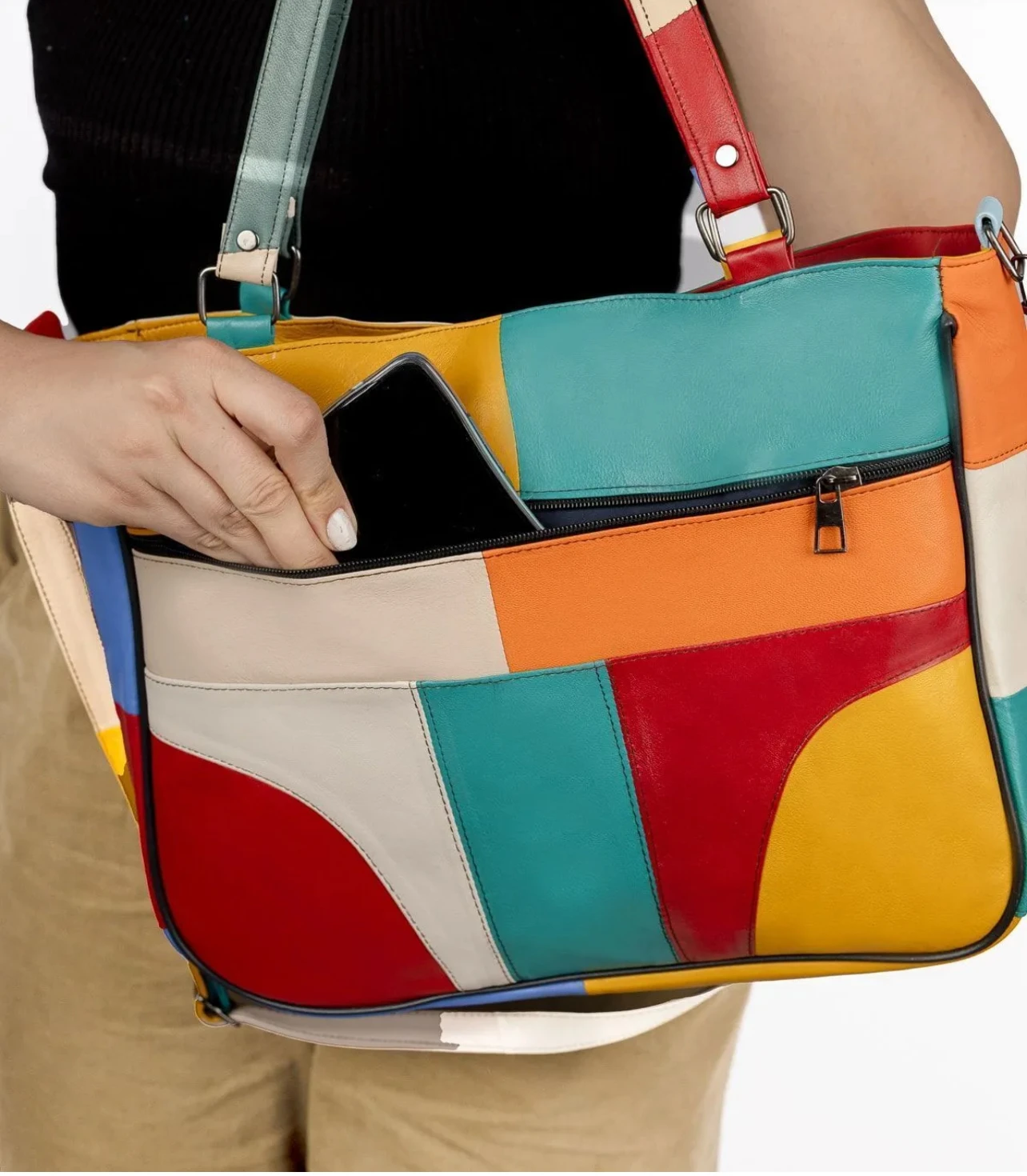 Sac cabas patchwork en cuir coloré