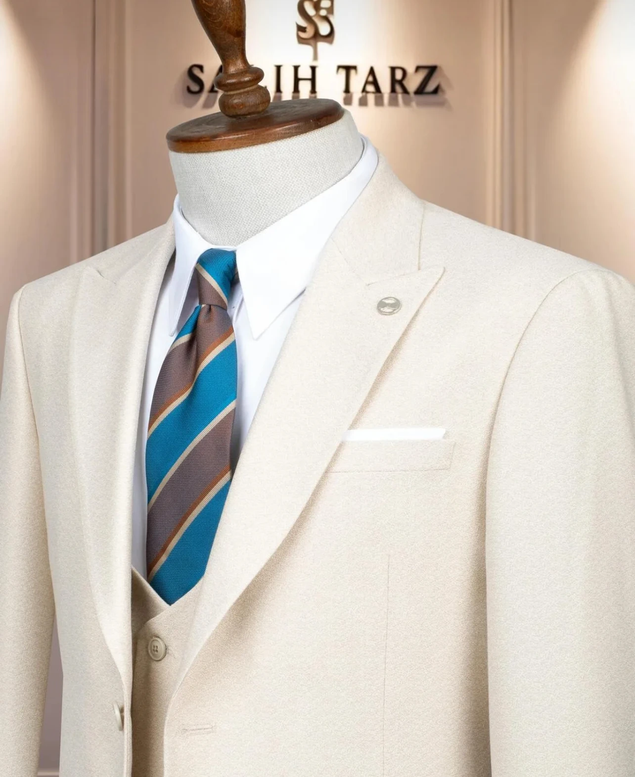 Costume Italien 3 Pièces avec Gilet Slim Fit Crème SD42112