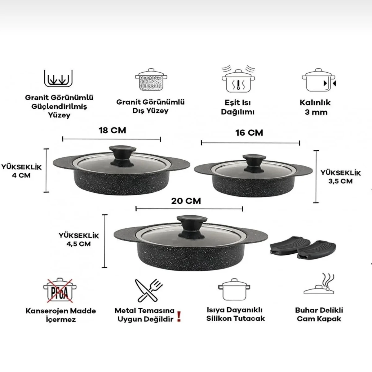 Set de 3 poêles en fonte d'aluminium