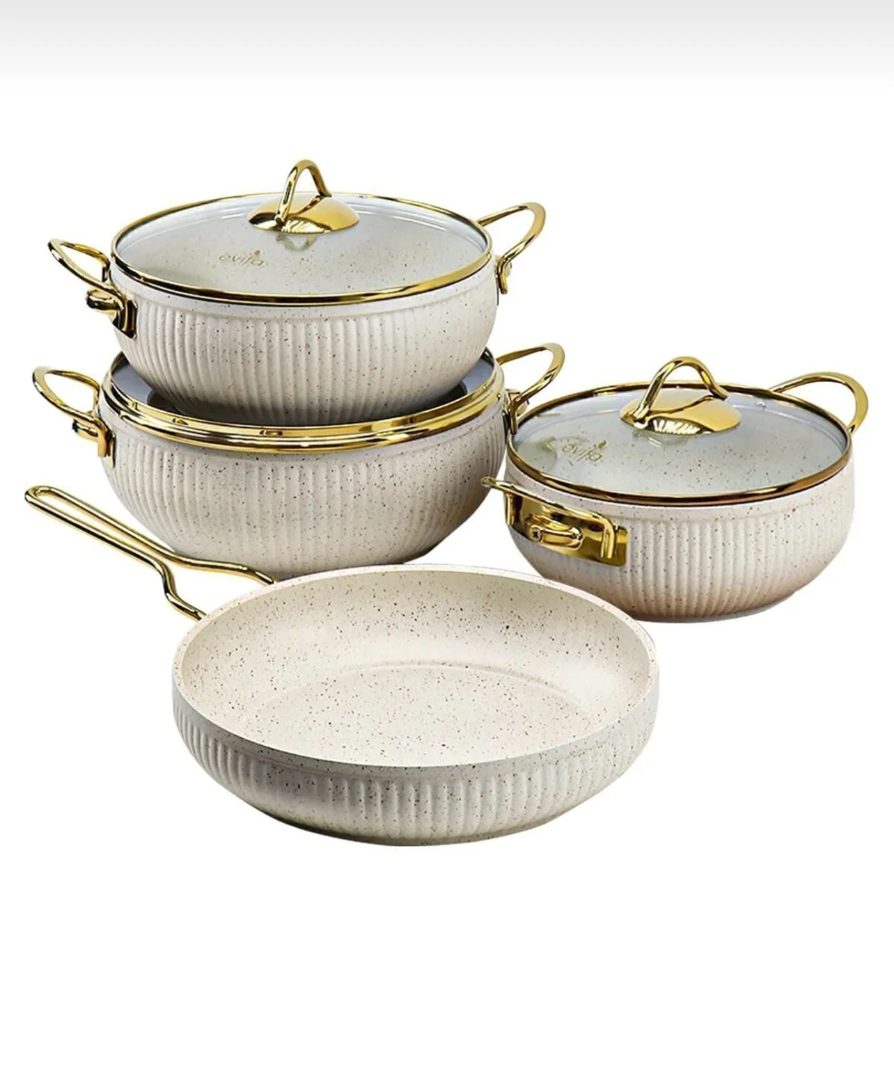 Set de 4 pièces de casseroles et poêles en granit avec couvercles en verre
